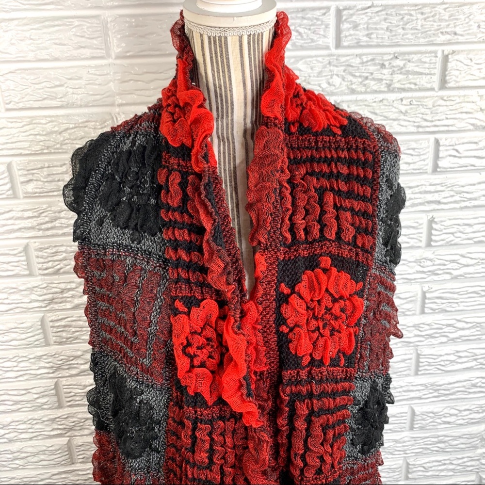 5/$25 Ruffled Patchwork Floral Scarf Black Red - Picture 5 of 7